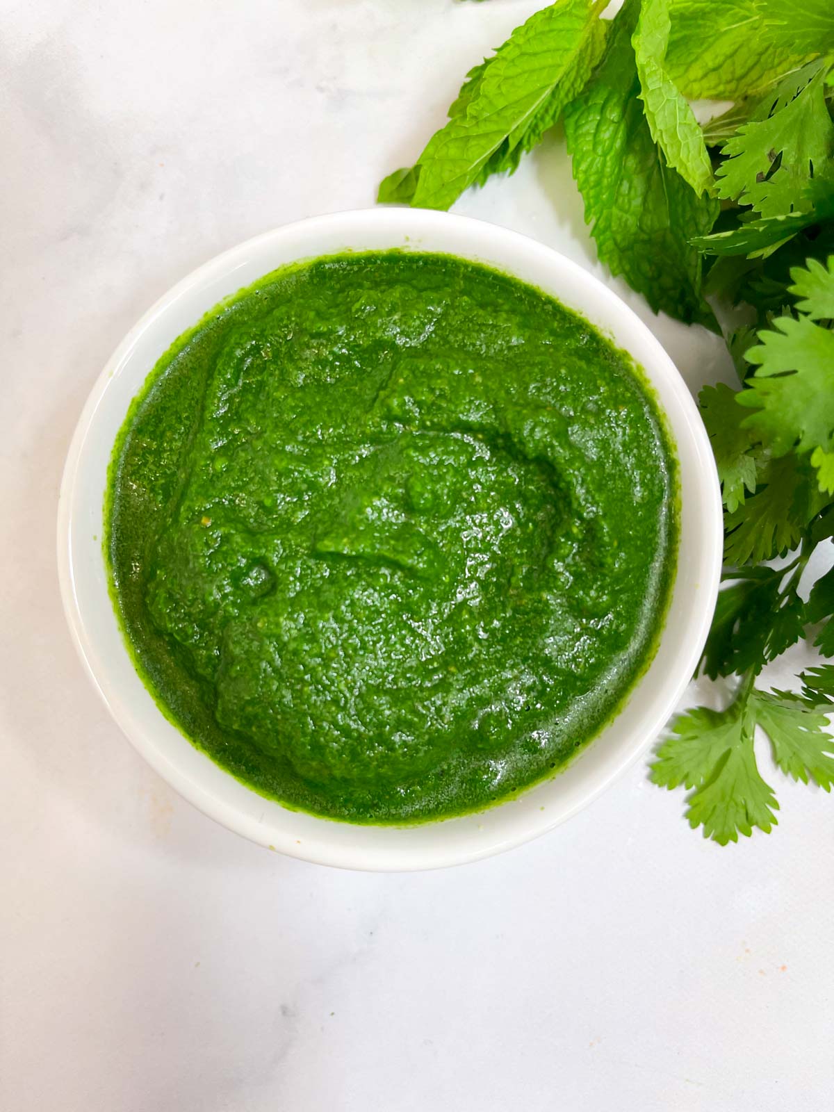 green chutney served in a bowl with mint and coriander leaves on the side