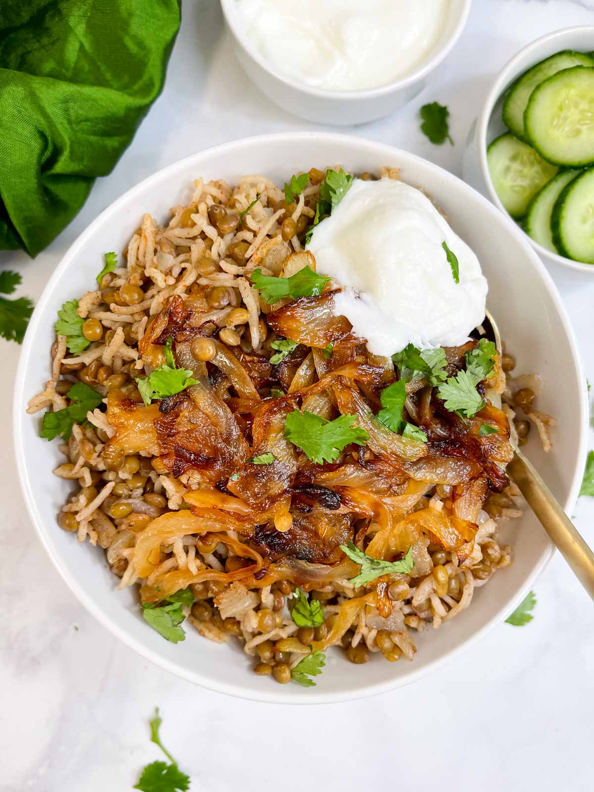 instant pot mujadara served in a bowl garnished with fried onions and cilantro topped with greek yogurt