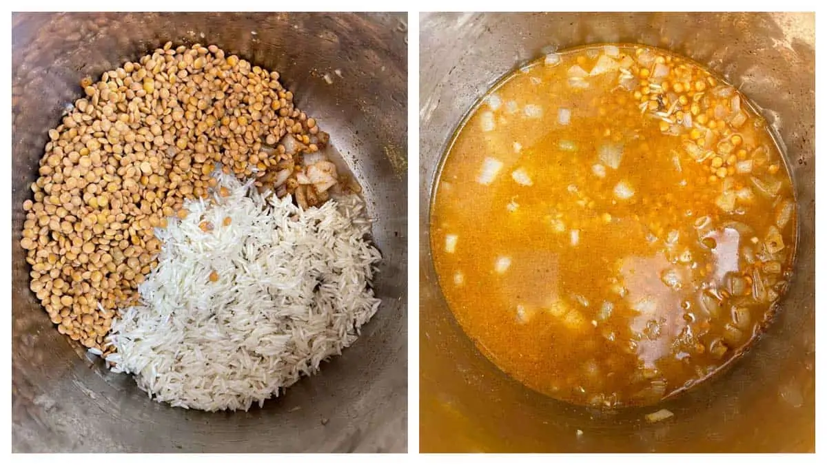 step to add lentils and rice and pressure cook collage