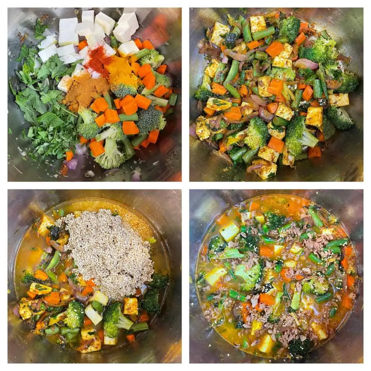 step to add vegetable, quinoa and spices collage
