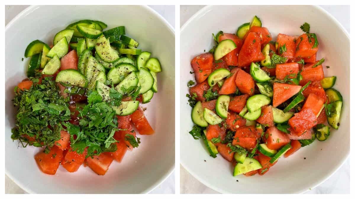 step to mix watermelon salad ingredients in a bowl collage