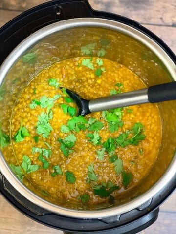 whole brown lentils curry in an instant pot garnished with cilantro with a spoon