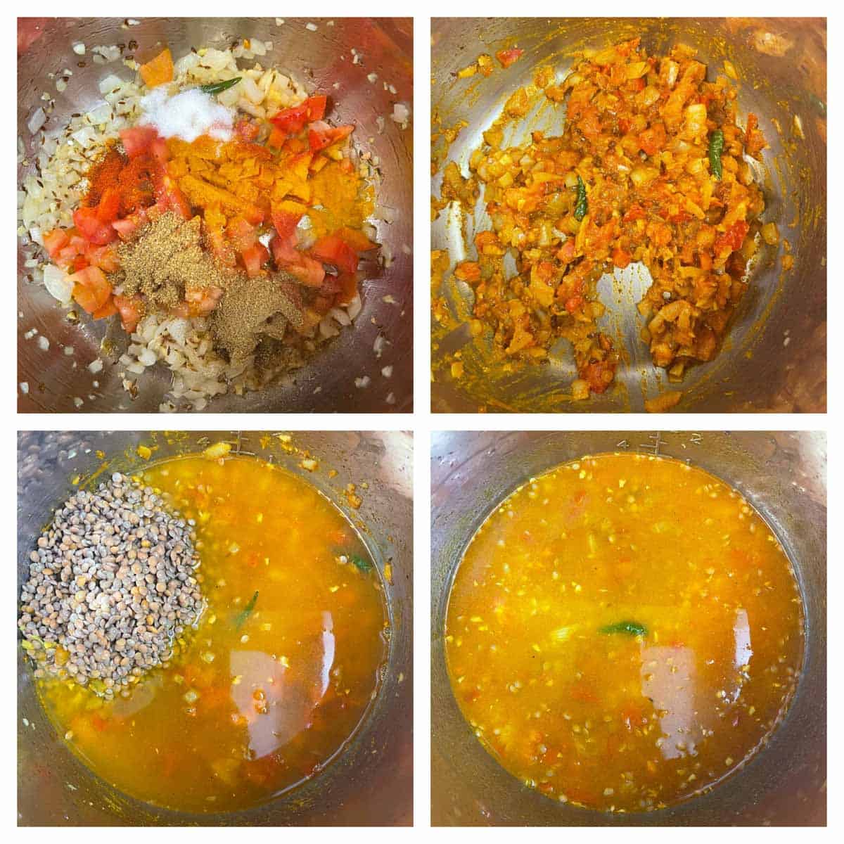 step to cook tomatoes with spices and add whole brown lentils and water collage