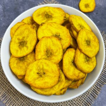 air fryer plantain chips served in a bowl