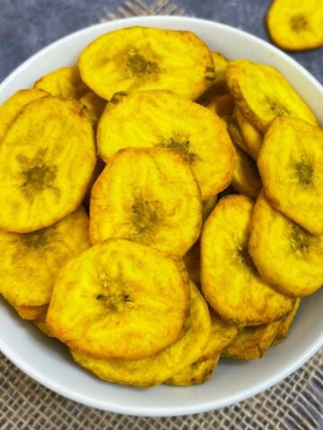 air fryer plantain chips served in a bowl