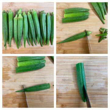 step to clean and cut the okra collage