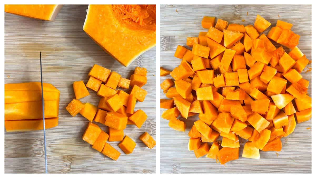 cut the butternut squash in to cubes collage
