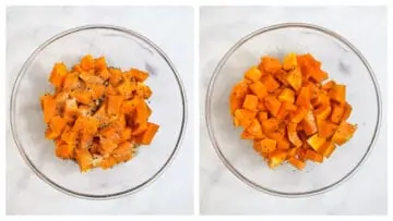 step to season the squash in a bowl collage