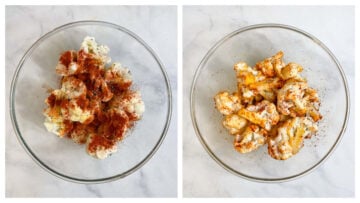 step to season cauliflower in a bowl collage