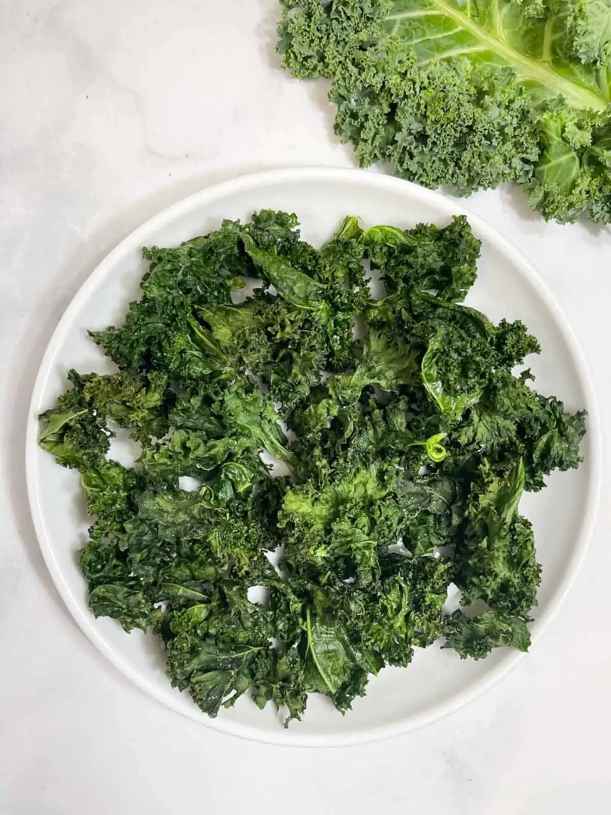 kale chips on a serving plate with kale on the side