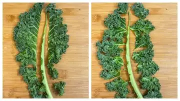 step to remove leaves from kale spine collage