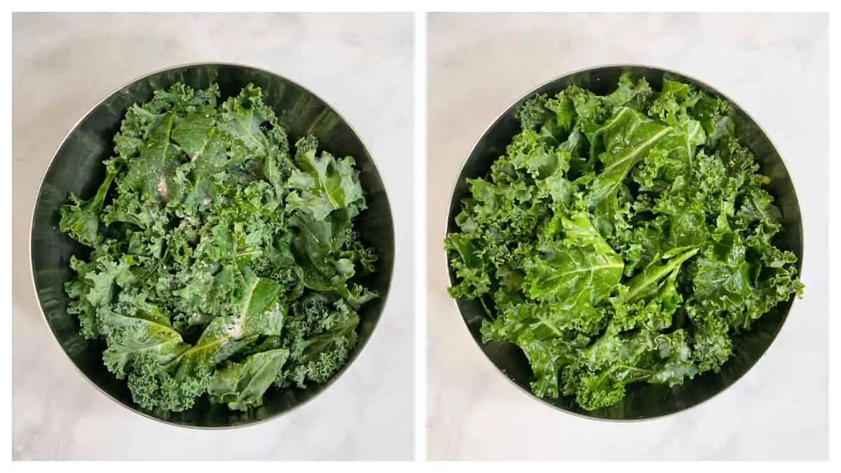 step to season kale chip in a bowl collage