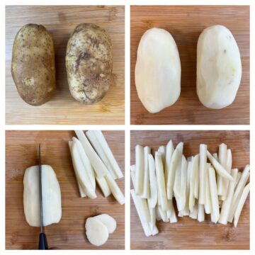 step to cut the potatoes into fries collage