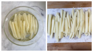 step to soak the potato in water and pat dry collage