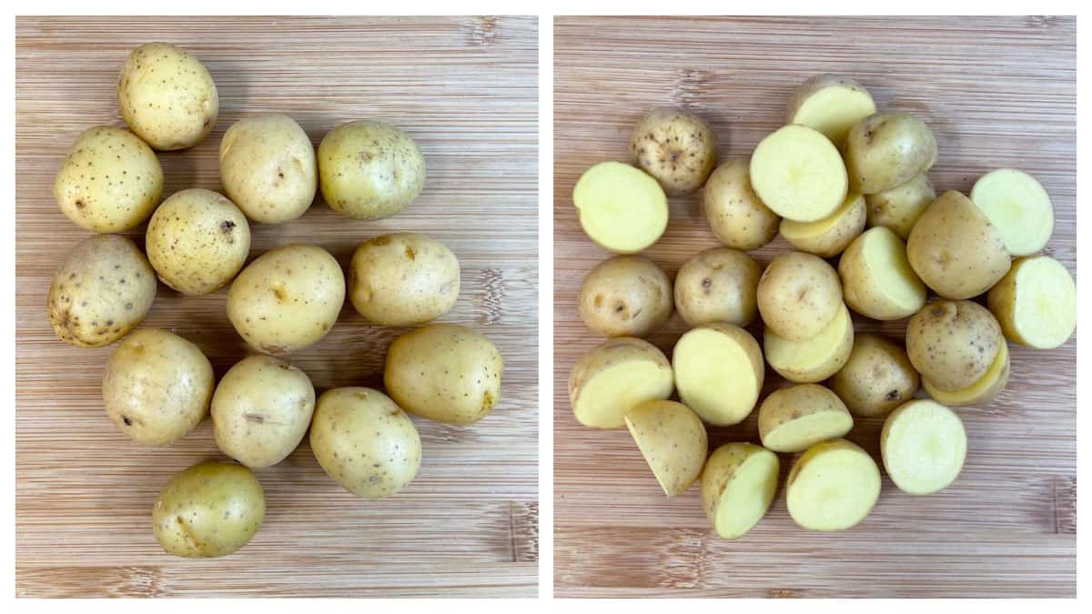 step to cut baby potatoes to half collage
