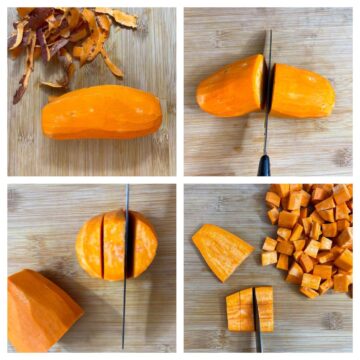step to peel and cut the sweet potatoes into cubes collage