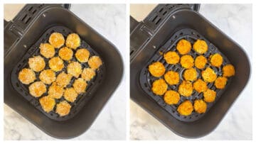 step to air fryer zucchini chips in a basket collage