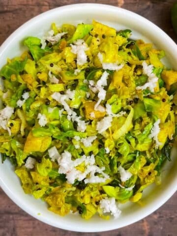brussels sprouts poriyal served on a bowl