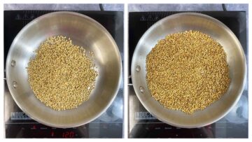 step to dry roast coriander seeds in a pan to make Homemade Coriander Powder collage