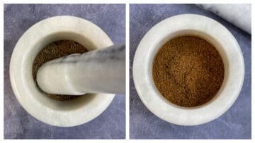 step to crush roasted jeera in a mortar pestle collage
