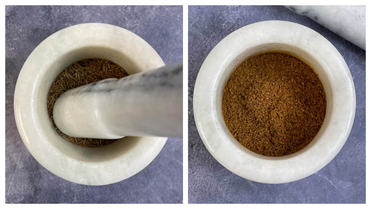 step to crush roasted spice in a mortar pestle collage