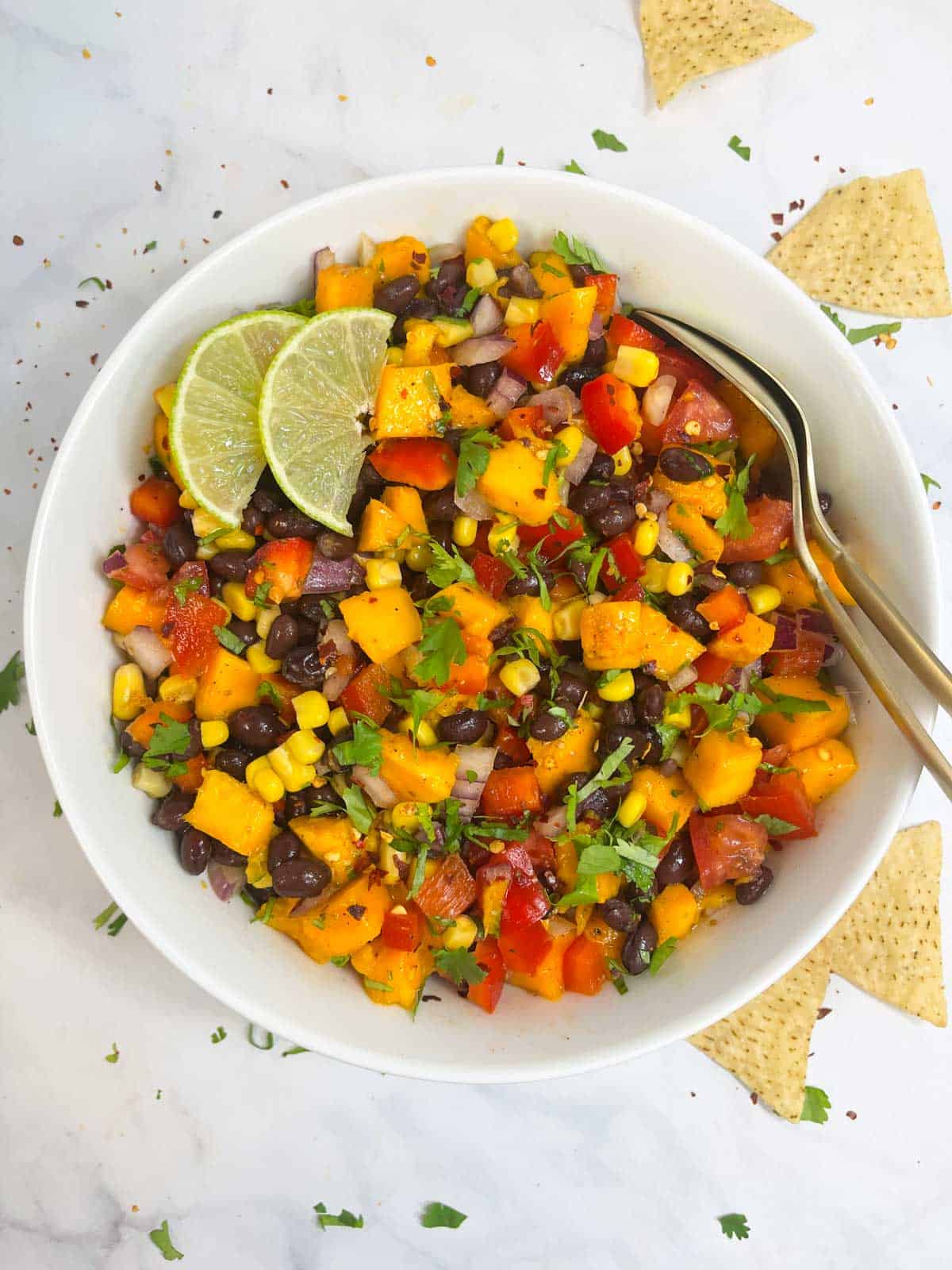 mango black bean salad served in a bowl garnished with cilantro and lime wedges with two spoons