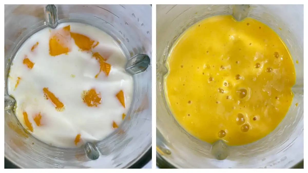 step to add all ingredients for amngo milkshake in a blender and blend until smooth collage