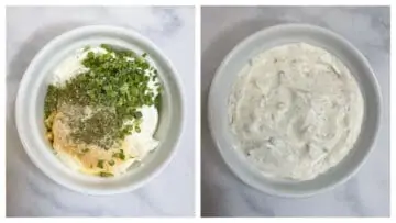 step to mix in herbs, sour cream and mayonnaise in a bowl collage