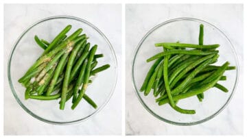 step to season the green beans in a bowl collage