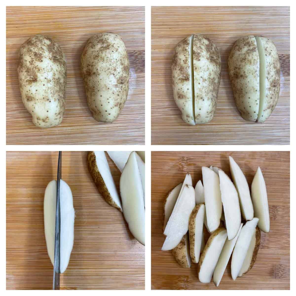 step to cut the russet potatoes into the wedges collage