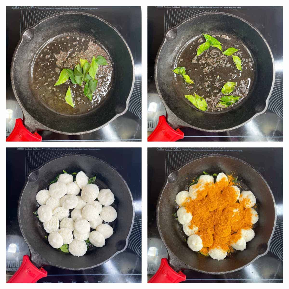 step to prepare the tempering and add idli and podi collage