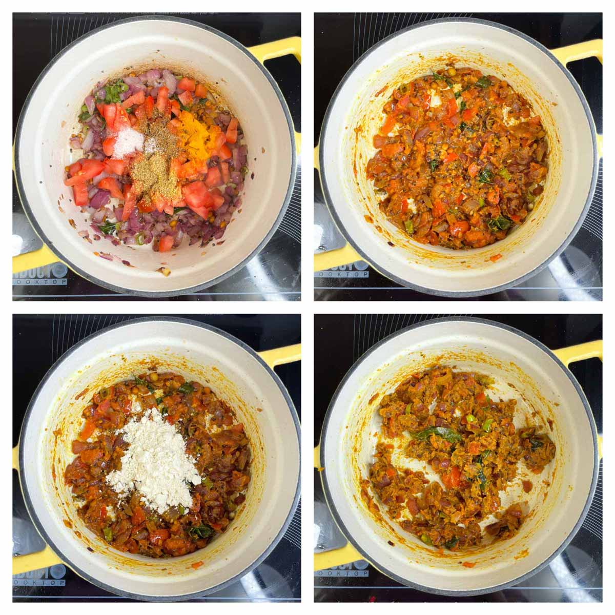 step to cook tomato along with spices for potato sagu collage