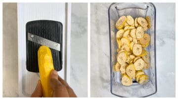 step to slice the plantains into thin slices using mandolin