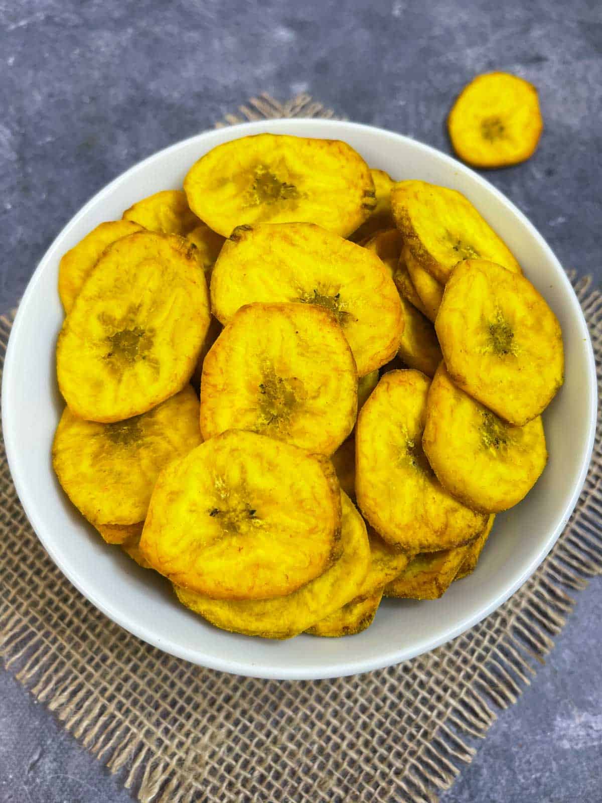 air fryer plantain chips served in a bowl