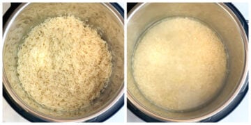 step to add rinsed rice in the pot with water, salt collage