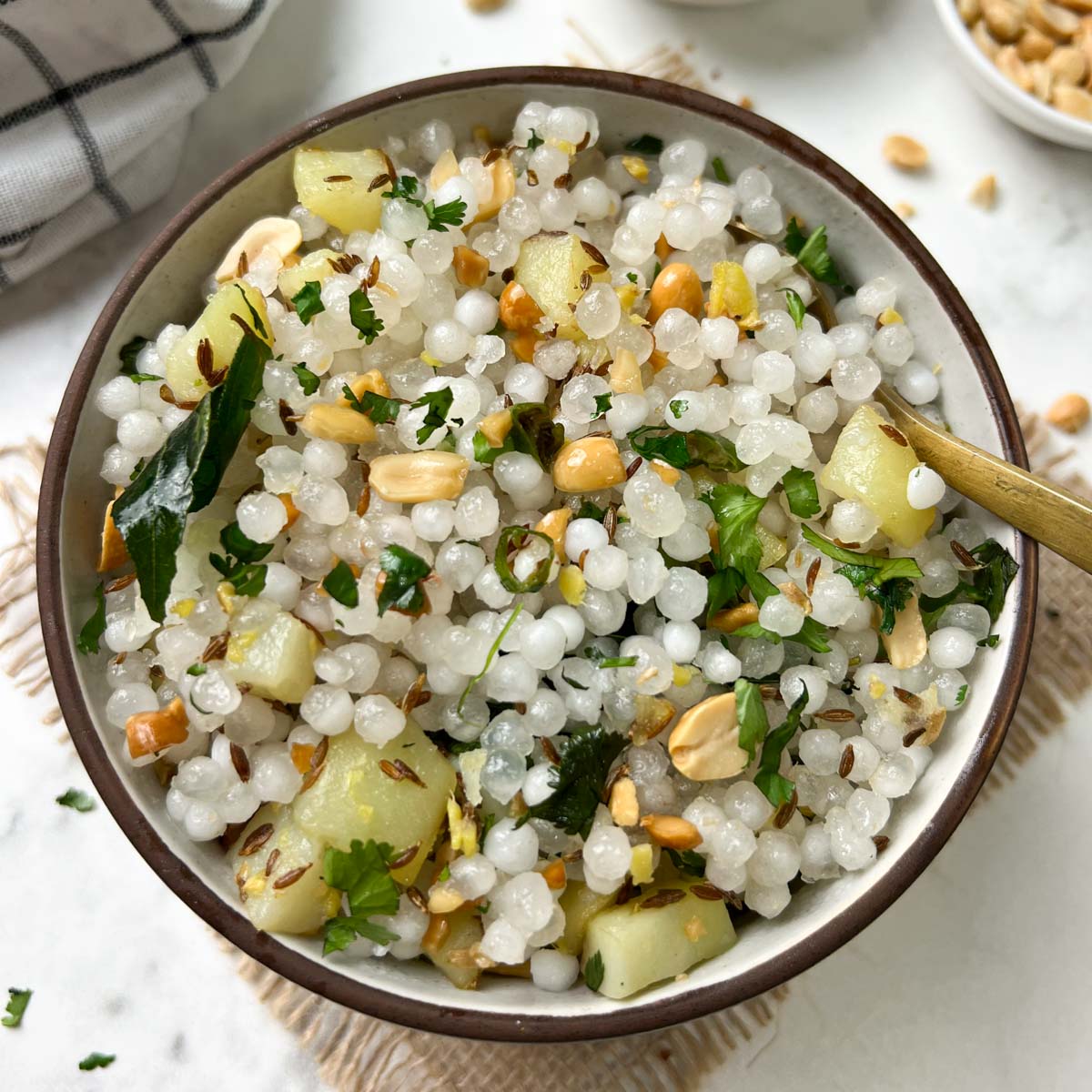 sabudana khichdi served in a bowl with roasted peanuts on the side