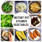 collage of steamed vegetables in instant pot