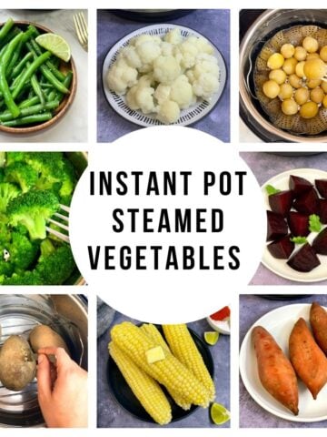 collage of steamed vegetables in instant pot