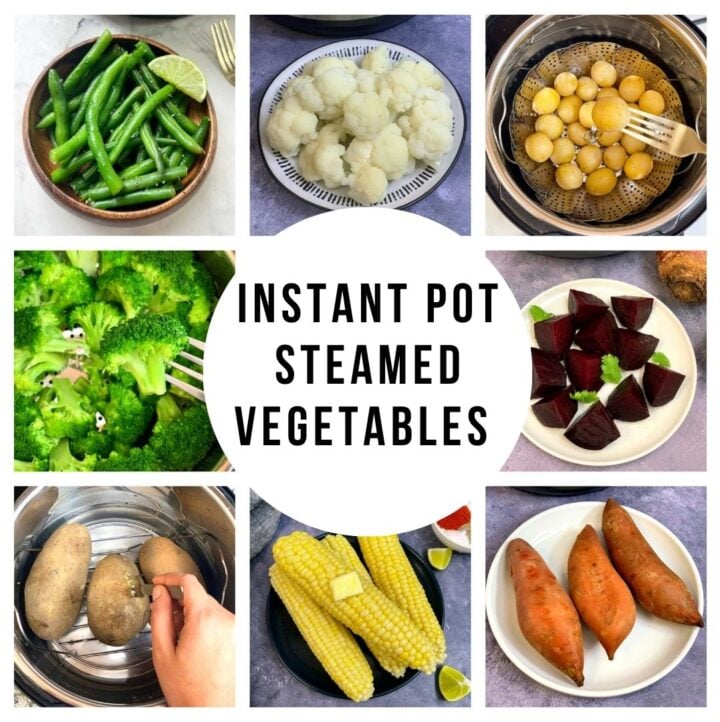collage of steamed vegetables in instant pot