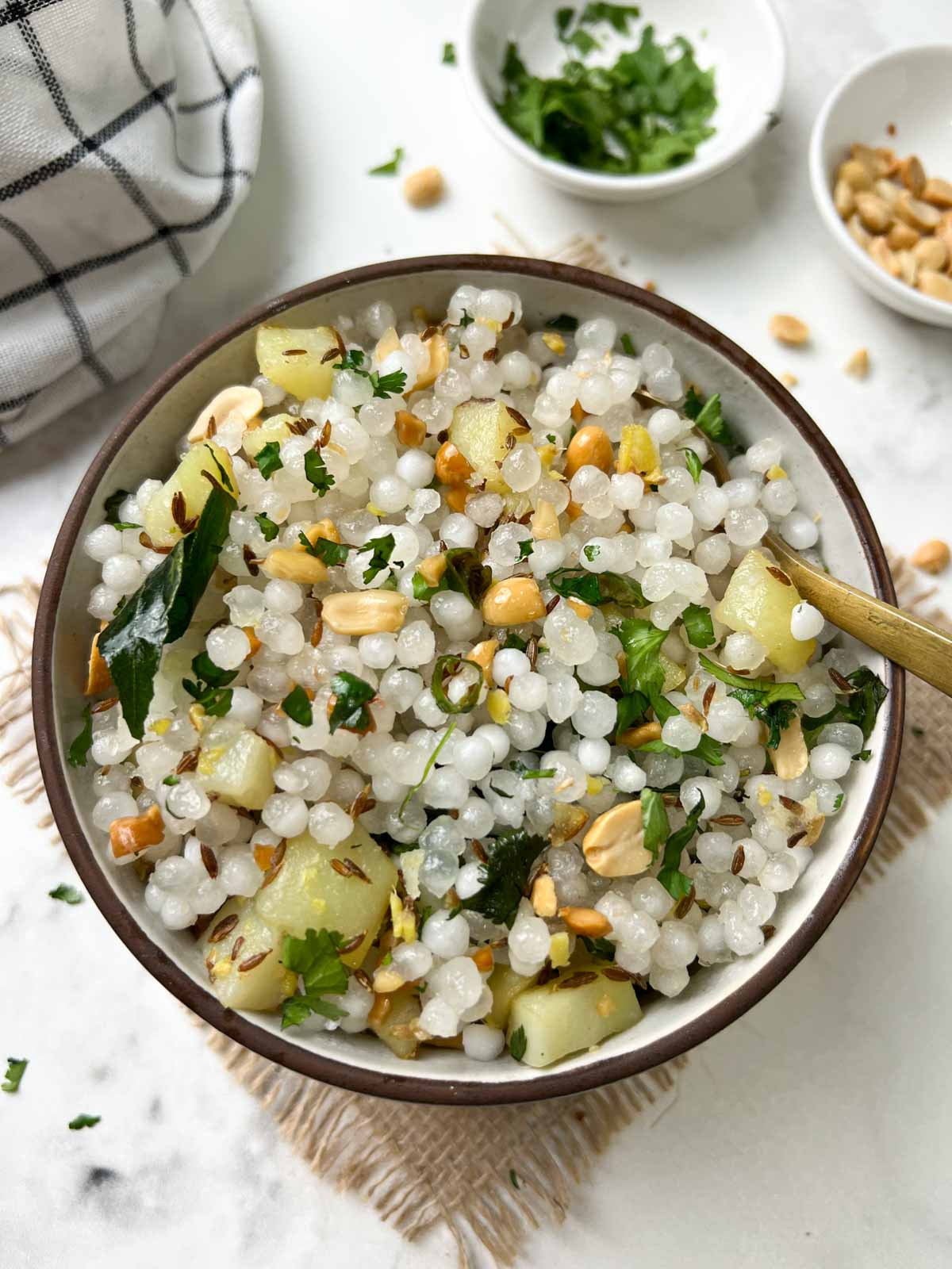 sabudana khichdi served in a bowl with roasted peanuts on the side