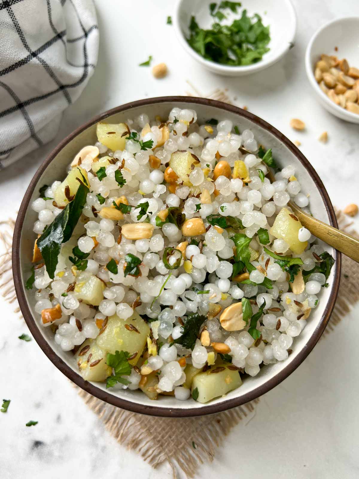 sabudana khichdi served in a bowl with roasted peanuts on the side 