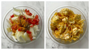 step to mix aloo, gobi, spices in a bowl collage