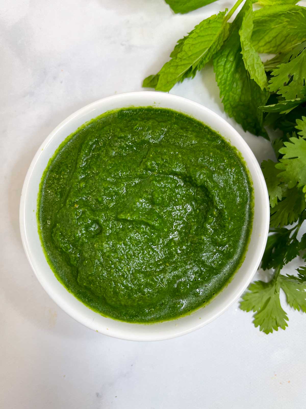 green chutney (coriander mint chutney) recipe served in a bowl with mint and coriander leaves on the side