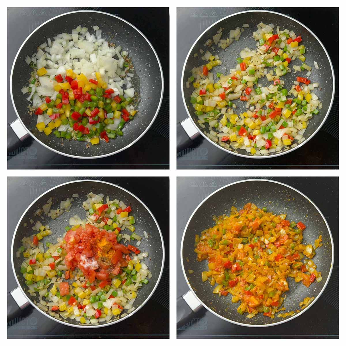 step to saute onions, bell peppers, tomatoes with spices collage