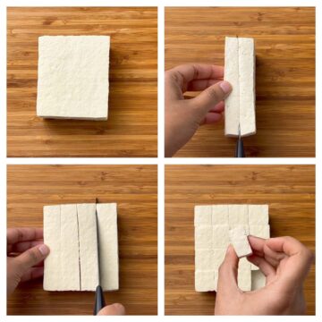 step to cut the extra firm tofu into cubes collage