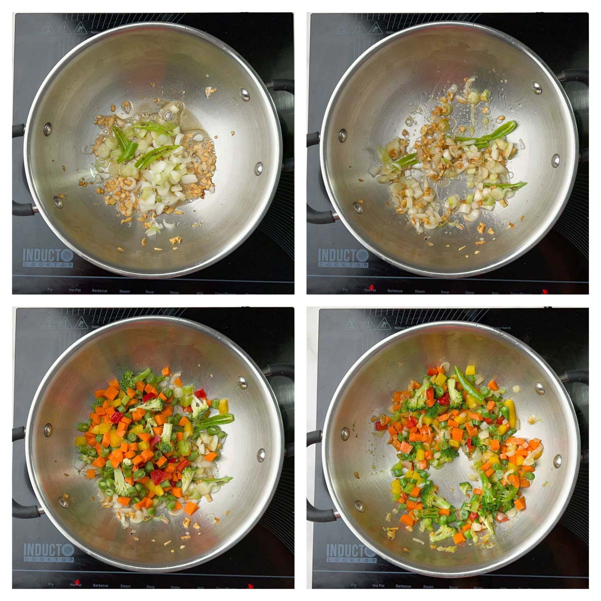 step to stir fry vegetables and onions for burnt garlic fried rice recipe collage