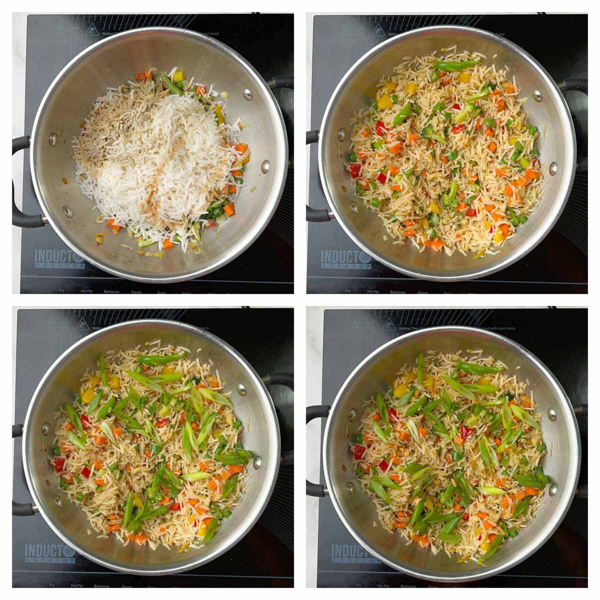 step to add precooked basmati rice and sauces for Burnt Garlic Vegetable Fried Rice recipe collage