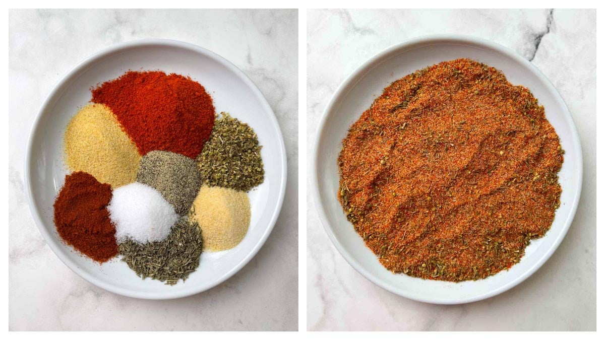 step to combine all the spices and herbs in a plate for cajun spice mix collage