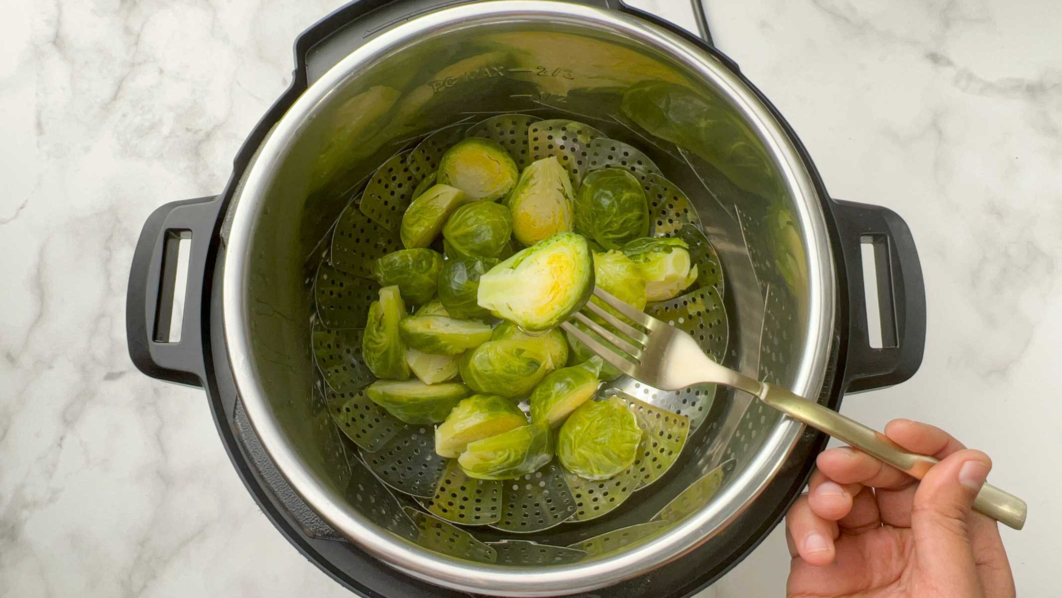 fork tender steamed brussels sprouts in a fork 
