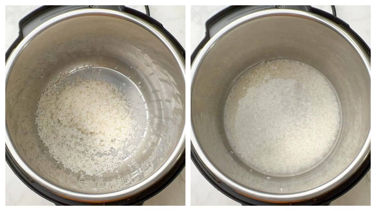 step to add rice in instant pot insert with water collage